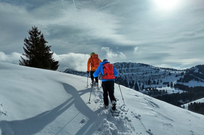 Armin und Dirk beim Aufstieg am Imberg mit Blick auf die Nagelfluhkette mit Eineguntkopf und Hohenfluhalpkopf im Hintergrund.